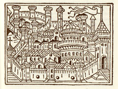 veduta fantastica di Milano, silografia di Jacobi Philippi Bergomensis (Venezia, 1490) riprodotta in Bonvesin da la Riva (Bompiani, 1997)