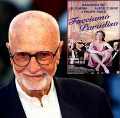 il regista Mario Monicelli e la locandina di Facciamo paradiso(1995)