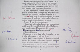 correzione bozze di stampa con penne colorate. Si nota la calligrafia di Lucia Pontiggia, moglie dell’autore