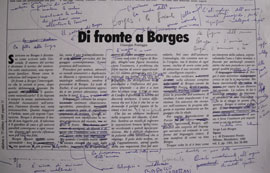 fotocopia di un articolo scritto su Borges con le correzioni a penna per la pubblicazione nel volume L’isola volante